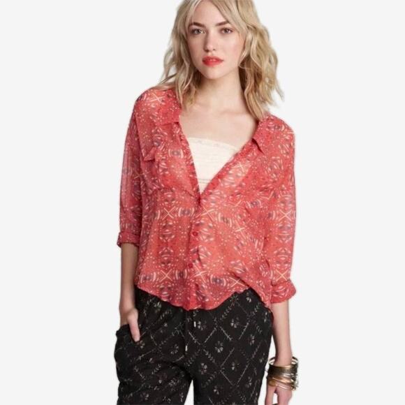 Free People Easy Rider Blouse Size M Red Boho Artsy Eclectic Beachy Flowy Summer - Picture 5 of 14